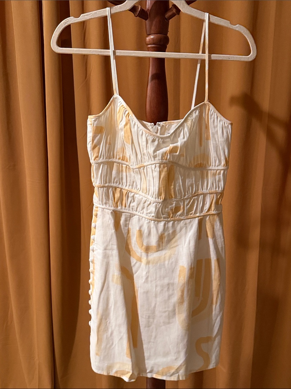Sabo Skirt White and Pale Yellow Ruched Mini Dress